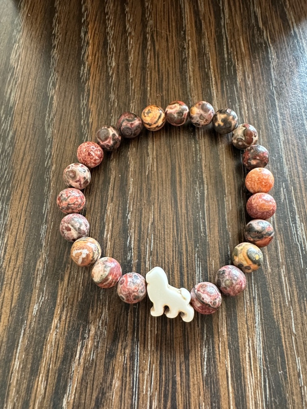 Leopard Jasper Beaded Stretch Bracelet with White lion Charm